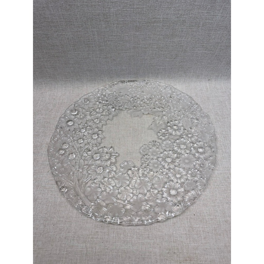 Vintage Embossed Floral Clear Glass Serving Platter 13.5Inch Round Frosted Plate